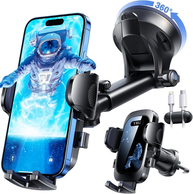 YRU True Military-Grade [360°Rotation Suction] 2025 Ultimate Car Phone Holder Mount[90+LBS Safest Strongest & Patent Certs] Dashboard Windshield Vent for iPhone 17 16 Pro Max Samsung,Blue Black - Image 1